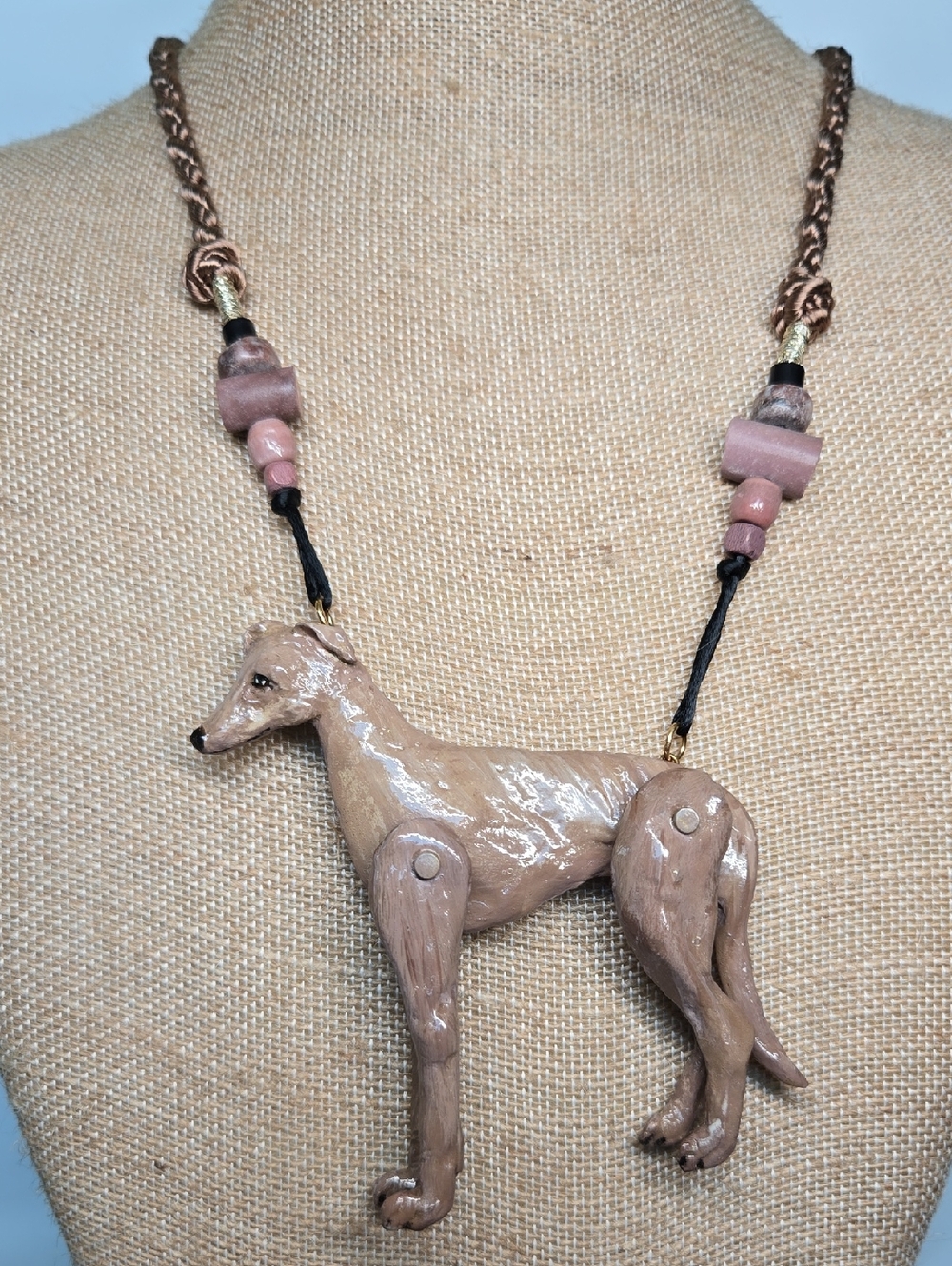 Handcrafted Greyhound Dog Necklace in Pink Tan - Artisan Pet Jewelry